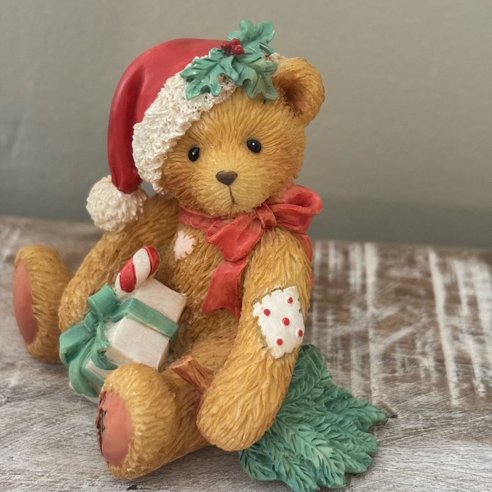 Cherished Teddies  December Holiday Bear with Red Hat and Green Gift